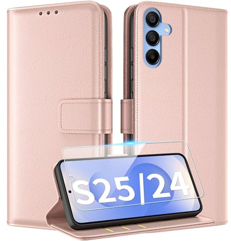 TQIAHF Fodral för Samsung Galaxy S25 5G/S24 5G Fodral med Härdat Glas Läder Flip Plånbok Korthållare Flip Plånbok Stötsäkert Telefonfodral, Rose Guld