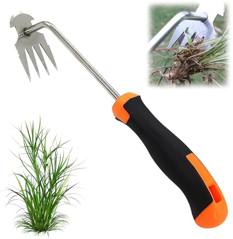 lafo Unkraut Entferner Gerät Edelstahl, Unkrautjäter mit Langem Stiel, Fugenkratzer Mit Stiel Gartenwerkzeug Unkrautentferner, Gartenarbeit Hand Unkrautstecher (Gummigriff 4 Zähne)
