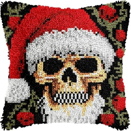 KnüpfKissen Set Erwachsene Kinder mit vordruck Weihnachten Totenkopf Rote Blume Schwarz knüpfteppich zum selber knüpfen Kissenbezug Anfänger DIY Handarbeit Stickerei Sets Handgemachtes Handwerk Sofa W