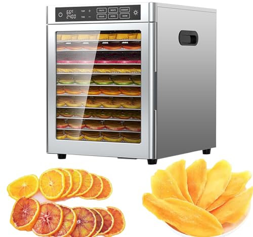 Essiccatore per Alimenti in Acciaio Inossidabile, essiccatore Elettrico per Frutta, Carne e Verdura, Riscaldamento a circolazione a 360°, Regolazione 68-185 ℉ | Timer Digitale da 0 a 24 Ore, 12