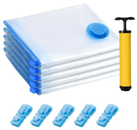 Vacuum Storage Bags 5 Large, Space Saver Sealer Bags, Vacuum Compression Zipper Storage Bags with Airtight Valve and Hand Pump