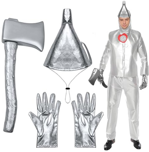 YuZhou 3 PCS Silver Axe Funnel Hat Set for Adults Including Silver Plastic Axe with Elastic Strap, Funnel Hat and Silvery Gloves Halloween Costume Accessories for Men and Women Cosplay Party