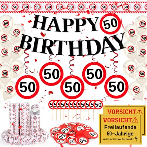 WenmthG 50 Geburtstag Deko Männer Frauen, Verkehrsschild zum 50 Jahre | 50. Geburtstag Deko mit Girlande, Luftballons, Absperrband, Luftschlangen, Banner, Konfetti, Tortendeko - 50. Geburtstagsdeko