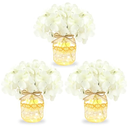 Mason Jar Table Centerpiece Set of 3 with White Hydrangea artificial Flowers for Engagement Party Bridal Shower Centerpieces Wedding Christmas Thanksgiving Party Reception Table Decor