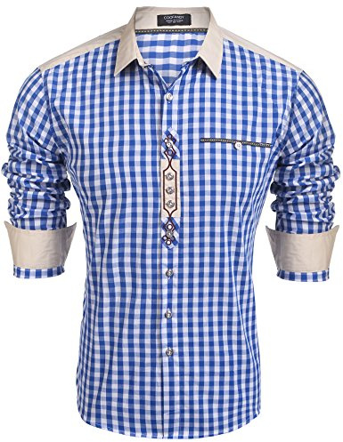 COOFANDY Trachtenhemden Herren Langarm Oktoberfest Hemd Kariertes Tracht Hemden Karohemden Freizeithemd Baumwolle Regular fit Oktoberfest Herren Outfit 45-blau XL