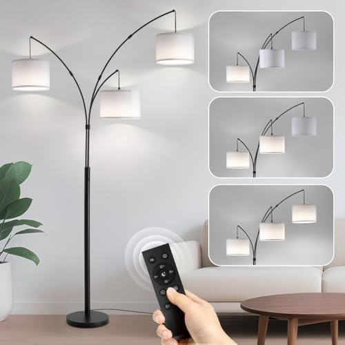 Fansdrick Floor lamp with Remote, 3 Light Arc Floor Lamps for Living Room, 2400LM Tall Standing Floor Lamps with White Shades, 80 Large Floor Lamp for Bedroom, Office
