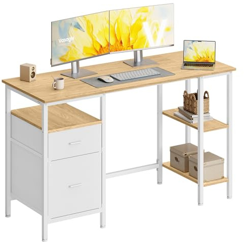 VASAGLE Computertisch, mit 3 Ablagen, 2 Schubladen, 127 x 50 x 76 cm | Bürotisch, Schreibtisch, fürs Büro, Wohnzimmer, moderner Stil, Natürliche Eiche-Mattweiss, BARNET Kollektion LWD103YD01