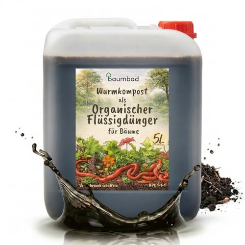 baumbad Flüssigdünger Bäume – Organischer Dünger auf Wurmkompost-Basis mit lebenden Mikroorganismen & Huminsäuren – Für alle Baum- und Gehölzarten (5L)