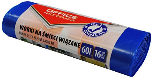OFFICER PRODUCTS 22024329-01 Lot de 16 Sacs Poubelle avec poignées 60 l (LDHD) | Sacs Poubelle pour déchets ménagers pour Le Bureau | Couleur : Bleu | Épaisseur du Film : 16 µm