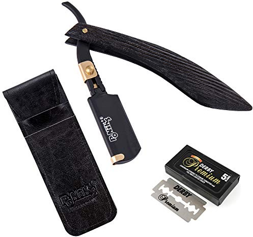 PONIK'S PROFESSIONAL - Klassisches Rasiermesser mit Aufbewahrungstasche und 5 Wechselklingen Derby Premium, ein Bartmesser für halbe Standard-Rasierklingen, Transporttasche, Schwarz