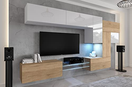 Ensemble Meuble TV Mural Suspendu Salon – Meuble Salon Design Moderne avec colonnes - Vitrines et rangements avec éclairage LED RVB - 16 Couleurs (AN92NEW-21WS-HGM21)