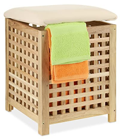 Relaxdays Wäschekorb mit Sitz, Walnussholz, Stoff, HxBxT: 50 x 39 x 39 cm, 45 l Wäschebox, Badhocker mit Stauraum, Natur