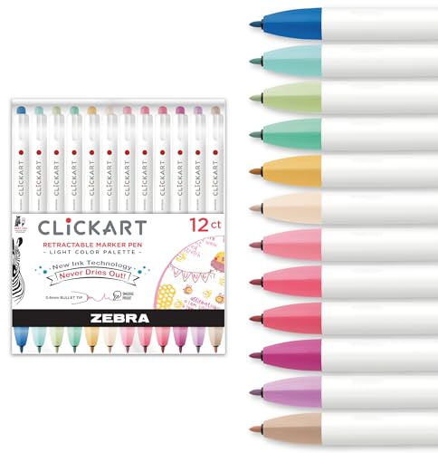 Zebra Pen CLiCKART No Bleed Felt Tip Pen, Assorted Soft Ink, 0.6mm, 12-Pack