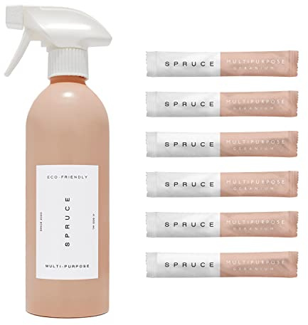 Spruce Naturally-scented Geranium Multipurpose Cleaning Spray Kit | Reusable Aluminum Bottle with 6x Concentrated Refills | Effective on Grease, Grime, Limescale | Just-add-water, Non-toxic Vegan