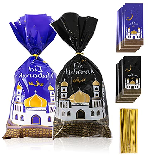 100 st Eid Mubarak-festpåsar, Eid Mubarak-presentpåsar med 100 guldfärgade vridstängningar, ramadan-tema, moské, godispåse, presentpåsar för barn, Eid Mubarak-festdekoration