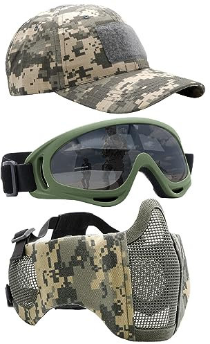 Yzpacc Airsoft Half Face Mask with Goggles& Patch Hat Set, Tactical Masks Full Face Ear Protective Baseball Cap for CS Halloween and Game (ACU, 3PCS)