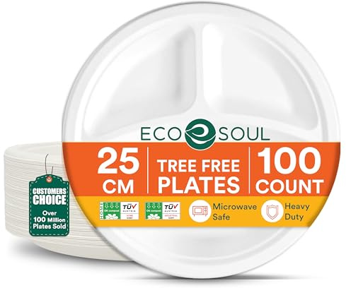 ECO SOUL Einweg-Bagasse-Teller(25cm) 10 rund 3-geteilt(100 Stück)(weiß) | Nachhaltige Alternative, 100% kompostierbar, Extra stabildeal für den täglichen Gebrauch, Premium Qualität, 100er Pack