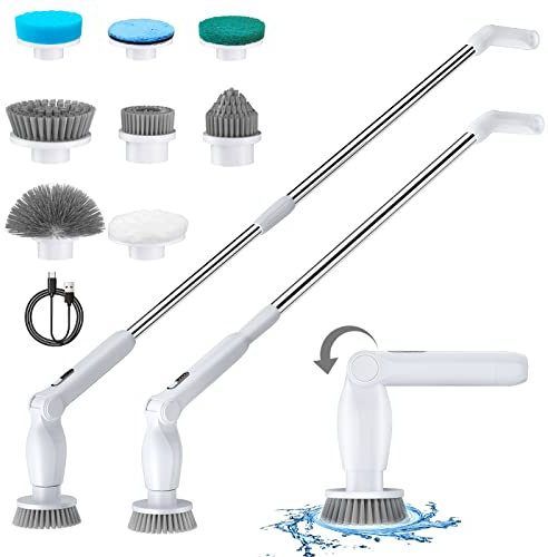 Leebein Electric Spin Scrubber, Cordless Cleaning Brush with Long Handle and 8 Replaceable Brush Heads, 2 Rotating Speed Shower Scrubber for Bathroom Tub, Floor, Tile, Kitchen, Car Wash (White)