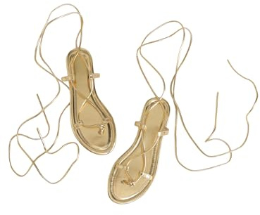 GORGLITTER Women's Lace Up Flat Sandals Dressy Strappy Gladiator Sandals Pointed Toe Thong Sandals Gold 9
