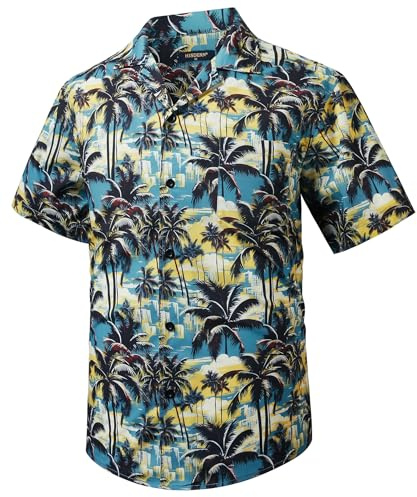 HISDERN Camicie Hawaiane Uomo Manica Corta Camicia a Fiori Uomo Cubana Camicia di Palma Uomo Estiva Vacanze Beach con Tasca Giallo L