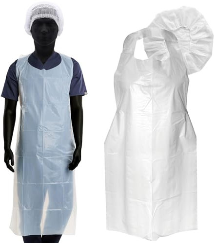 KIBERTIC - 100 Charlotte Jetable + 100 Tablier Plastique Jetable Adulte, Cuisine, Nettoyage, Esthétique, Médical, Protection Hygiénique et Confort