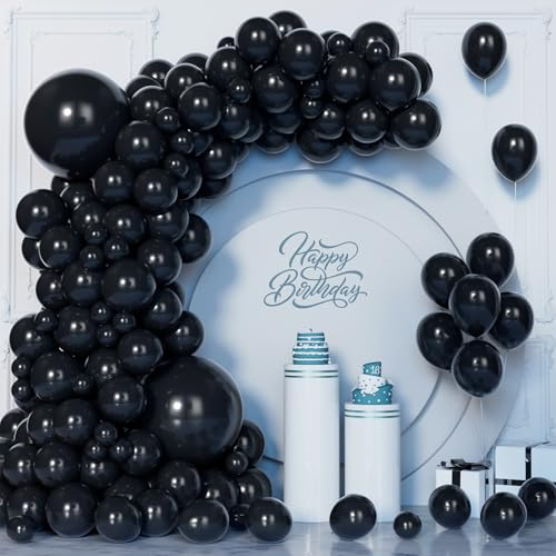Unisun Ballons Noirs, 130 Pièces Kit d'Arche Guirlande Ballons Noirs, 5/10/12/18 Pouces Ballon En Latex Pour Hommes Garçons Femmes Filles Graduation Mariage Fête d'Anniversaire Décorations