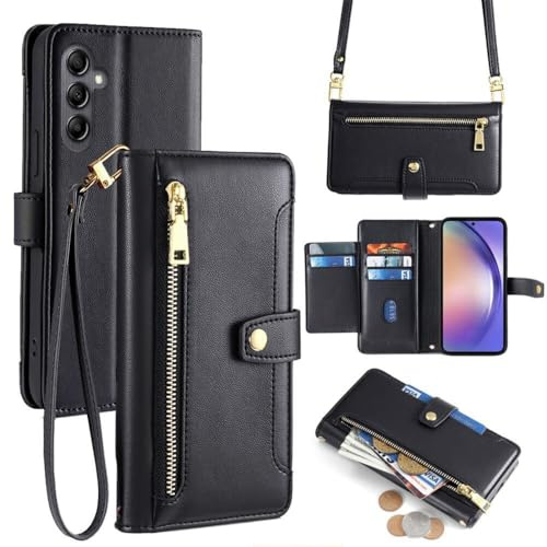 Handykette kompatibel mit Samsung Galaxy A54 | Leder Handyhülle mit Kartenfächern | Handyhülle zum Umhängen | Schwarz