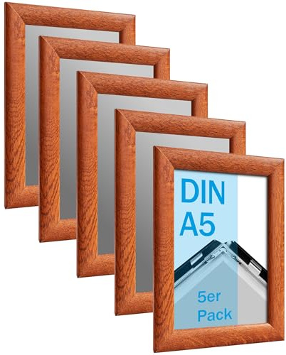 SPRINTIS Klapprahmen A5 aus Aluminium, Rahmen in dunkler Holzoptik, 5 Stück Plakatrahmen mit 2,5 cm Rahmenbreite, inkl. UV-Schutzfolie & Befestigungsmaterial