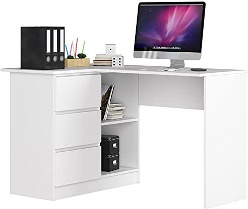 AKORD Escritorio Esquinero B-16 con 3 Cajones y 2 Estantes | Escritorio Esquinero para Hogar y Oficina | 124x77x85 CM | 48 kg Blanco