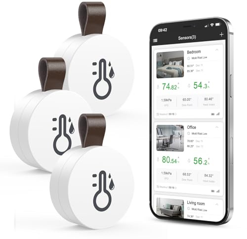 OQIMAX Bluetooth Thermometer Hygrometer, Temperatur und Luftfeuchtigkeitsmesser mit APP & Datenspeicherung, Digital Temperatur Feuchtigkeitssensor für Haus, Gewächshaus, Weinkeller, 3 Stück