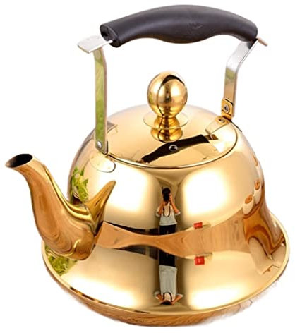 ASHSDI Bouilloire Gaz, Bouilloire Sifflante en Acier Inoxydable Bouilloire À Thé Sifflante Bouilloire À Thé Cuisinière Bouilloire Vintage(Gold,5L)