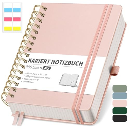 RETTACY Notizbuch A5 kariert, Bullet Journal mit 100 g/m² Dickem Papier, 150 Blatt, Collegeblock für Büro und Schule, Lederhülle, Roségold,14.8 cm x 21 cm