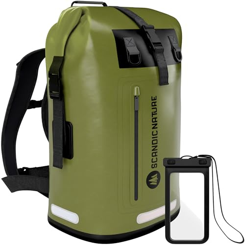 SCANDIC NATURE PIONEER 55L wasserdichter Rucksack oliv-grün mit Rolltop Verschluss - extra robust dank Boden mit 1000D PVC LKW-Plane, 3 Reflektor-Streifen Rollverschluss wasserfeste IPX8 Handyhülle