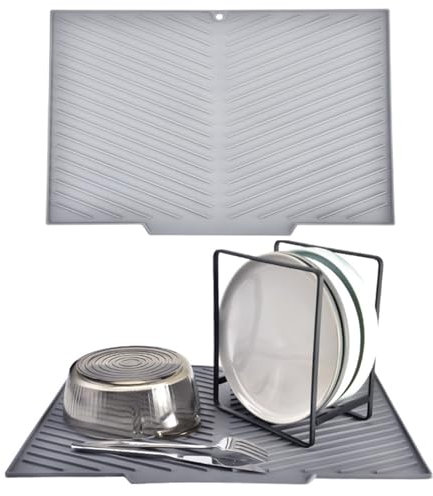 Echehi Alfombrilla Escurreplatos con Salida de Drenaje, 43,3 x 30 cm Alfombrilla Escurreplatos en Forma de V con Diseño Antideslizante, Fácil de Limpiar y sin BPA. Gris