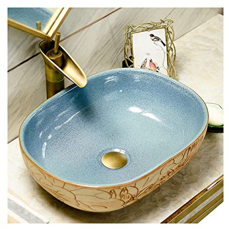 XFZJCHAP Lavabo da Bagno Lavabo da Bagno in Ceramica Art Vanity Lavabo da Bagno 18,9 x15,3 in Porcellana Modello Colorato Lavabo da Appoggio Ovale per Piccolo Guardaroba Lavandino da Bagno