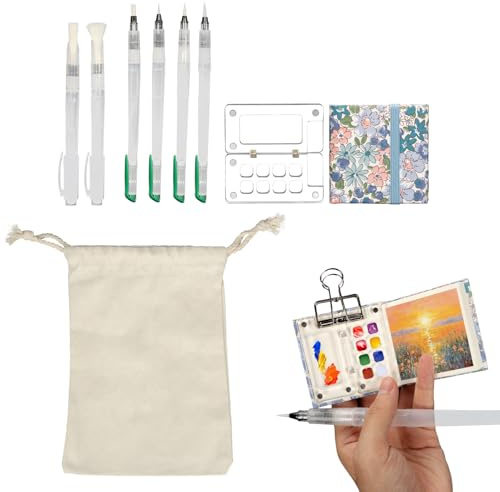 BigKing Reise Mini Palette, Mini Aquarell Travel Set (Ohne Farbstoffe) | Pocket Aquarell Set,Tragbares Mini Aquarell Palette Set mit Aufbewahrungstasche, Clip, 6 Bürsten für Künstler