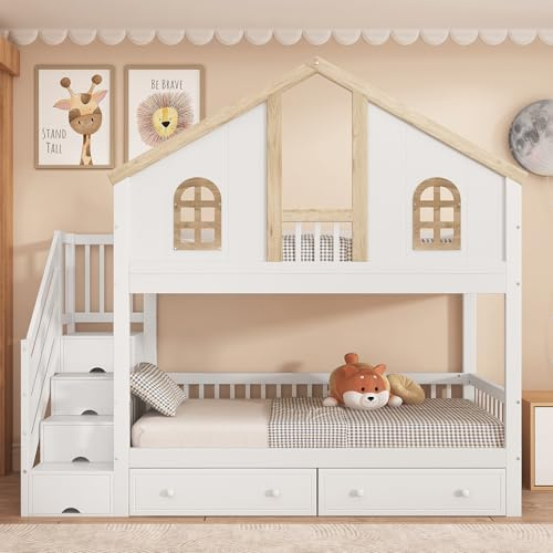 NNJN Litera, cama infantil, con rejilla anticaídas, con ventana, dos cajones con ruedas, con 4 niveles inclinados y cajones, pino+MDF, blanco y natural, 90 x 200 cm
