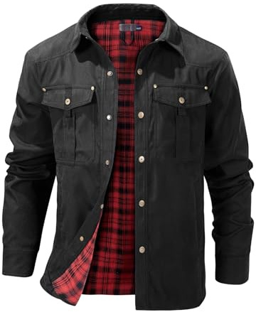 Eisctnd Chaqueta vaquera de franela con forro para hombre, estilo vintage, a cuadros, para senderismo, caza, camping, trabajo al aire libre, Negro -, Large