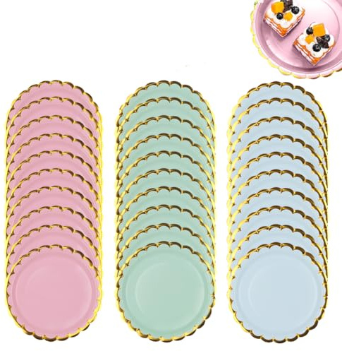 KEQAR Platos de Papel, 30 Piezas Platos Desechables Fiesta, Platos de Papel Ecológicos, Para Cumpleaños Infantil, Bodas, Fiestas, Picnic (7 pulgadas) (Azul, Verde, Rosa)