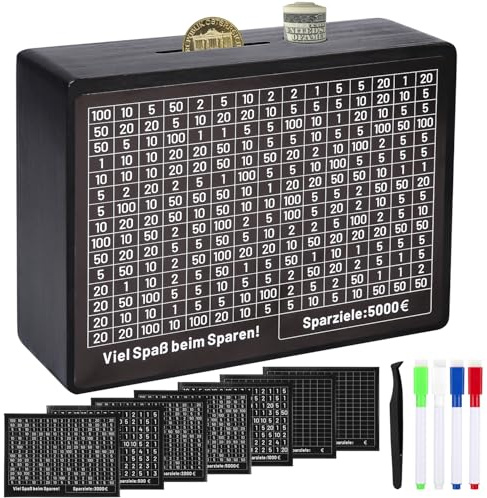 Hucha de Madera Caja de Ahorro, Retro Caja de Ahorro con Bolígrafo y Pegatinas, 500-10000€, Hucha con Contador, Cajas de Dinero Reutilizables para Adultos y Niños (Negro)