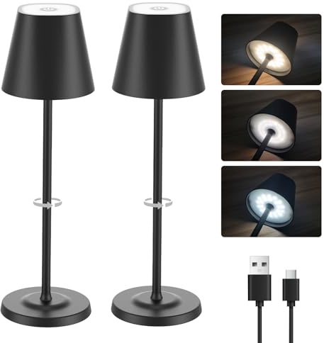 GOODEA Kabellose Aufladbar Tischlampe mit 5500mAh Akku,Schwarz [2er Set] | Dimmbar & 3 Farben Metall Tischleuchte mit 3 Höhen Verstellbar, Wasserdicht Touch Lampe für Esszimmer Schlafzimmer Terrasse