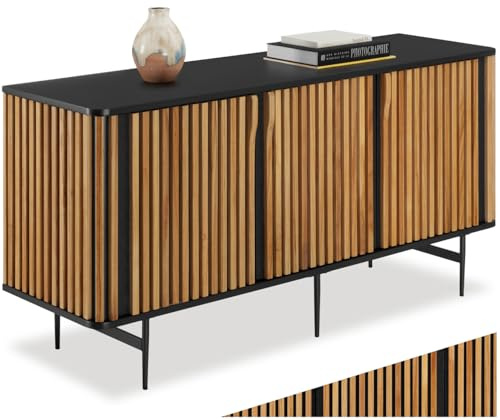 tectake® Sideboard in Lamellen Optik, mit 3 Schrank Fächern, Kommode, TV Schrank, Fernsehtisch, Küchenschrank, Sideboard Wohnzimmer Möbel, TV Board, Lowboard, Flurgarderobe, Schlafzimmer