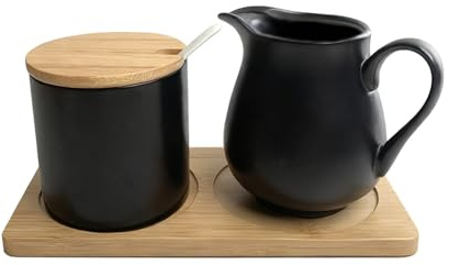 CAIEJSAEN Milch und Zucker Set mit Deckel und Löffel, Milchkännchen Porzellan und Zuckerdose mit Holz Tablett, Mikrowellen- und Spülmaschinenfest, Schwarz