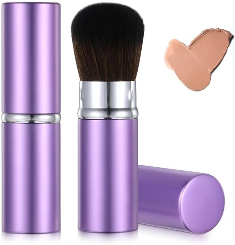 Portable Retractable Blusher Brush with Cover, 2 Pack Travel Kabuki Bronzer Makeup Brushes Liquid Cream Foundation Powder Brushes Professional Extensible Face Concealer Brush for Women (Purple)