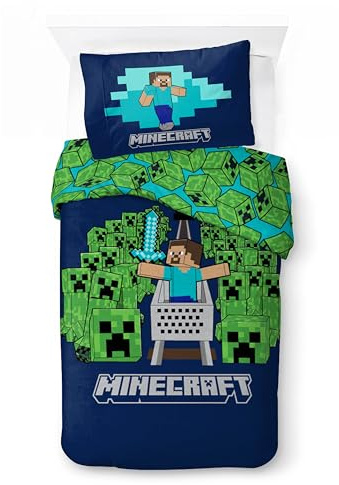 Minecraft sängkläder 100 % bomull | påslakan 140 x 200 cm örngott 50 x 70 cm | mjuka och andningsbara barnsängkläder | rolig minecraft sovrumsdekoration (spel och creepers)