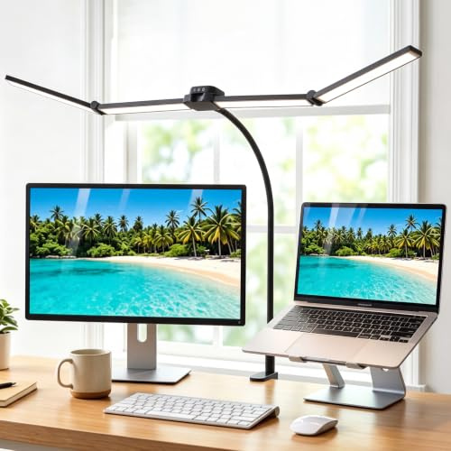 BrightWish 100cm LED Schreibtischlampe Klemmbar mit 4 Leuchtköpfen Dimmbar | 1800LM Augenschutz Tageslichtlampe, 360° Verstellbar Schwanenhals Tischlampe für Büro Zuhause Architekten Zeichnen Schwarz
