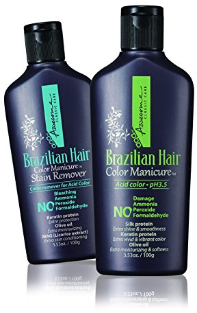 Awesome Brazilian Hair Color Manicure + Stain Remover - Acid Color pH3.5, No Damage, No Ammonia, No Peroxide, No Formaldehyde, Keratin Protein, 3.53 Oz. (Pack of 2) (Natural Brown)