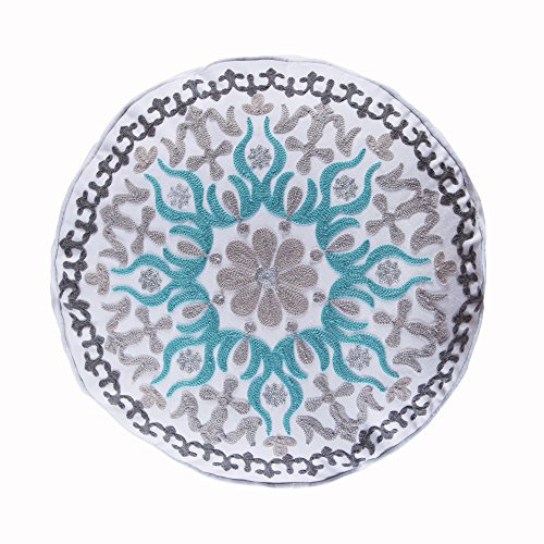 Levtex Home Bondi Stripe Grey Round Crewel Stitch Pillow, White,Grey,Teal, Geo