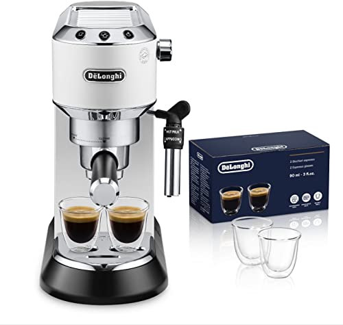 De'longhi Dedica - Cafetera de Bomba de Acero Inoxidable para Café Molido o Monodosis, Cafetera para Espresso y Cappuccino, EC685.W, Blanco + Juego de 2 vasos premium para espresso