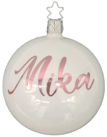 Wunschname auf einer weißen Weihnachtskugel aus echtem mundgeblasenem Glas | 100% handgemacht in Deutschland | Christbaumkugel Personalisiert | Weihnachtsgeschenk | 1. Weihnachten Baby (Rosegold)